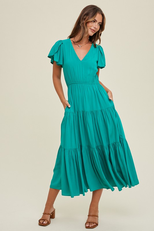 Tiered Midi Dress - Emerald-Dress- Hometown Style HTS, women's in store and online boutique located in Ingersoll, Ontario