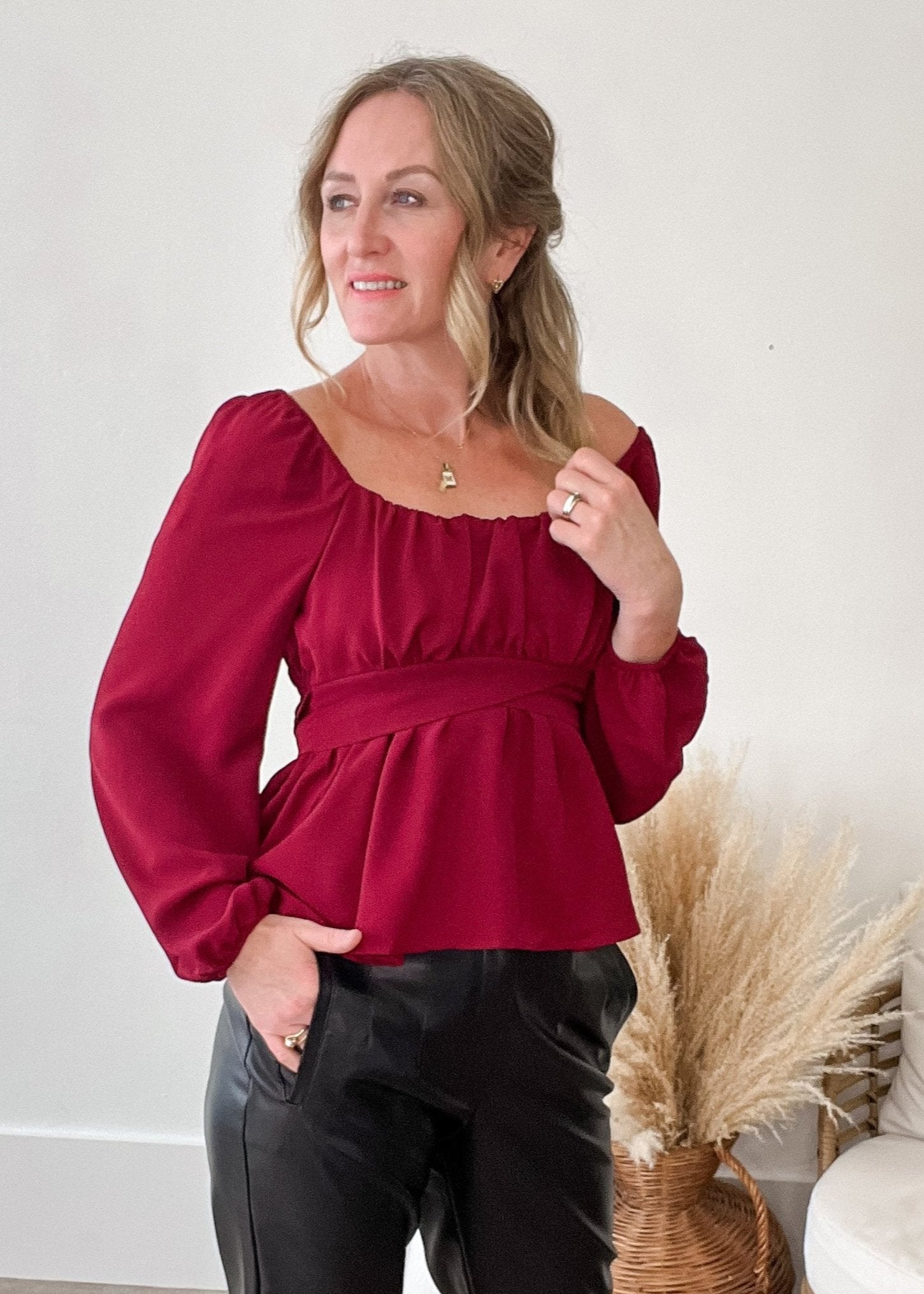 Scoop Neck Blouse - Burgundy-blouse- Hometown Style HTS, women's in store and online boutique located in Ingersoll, Ontario