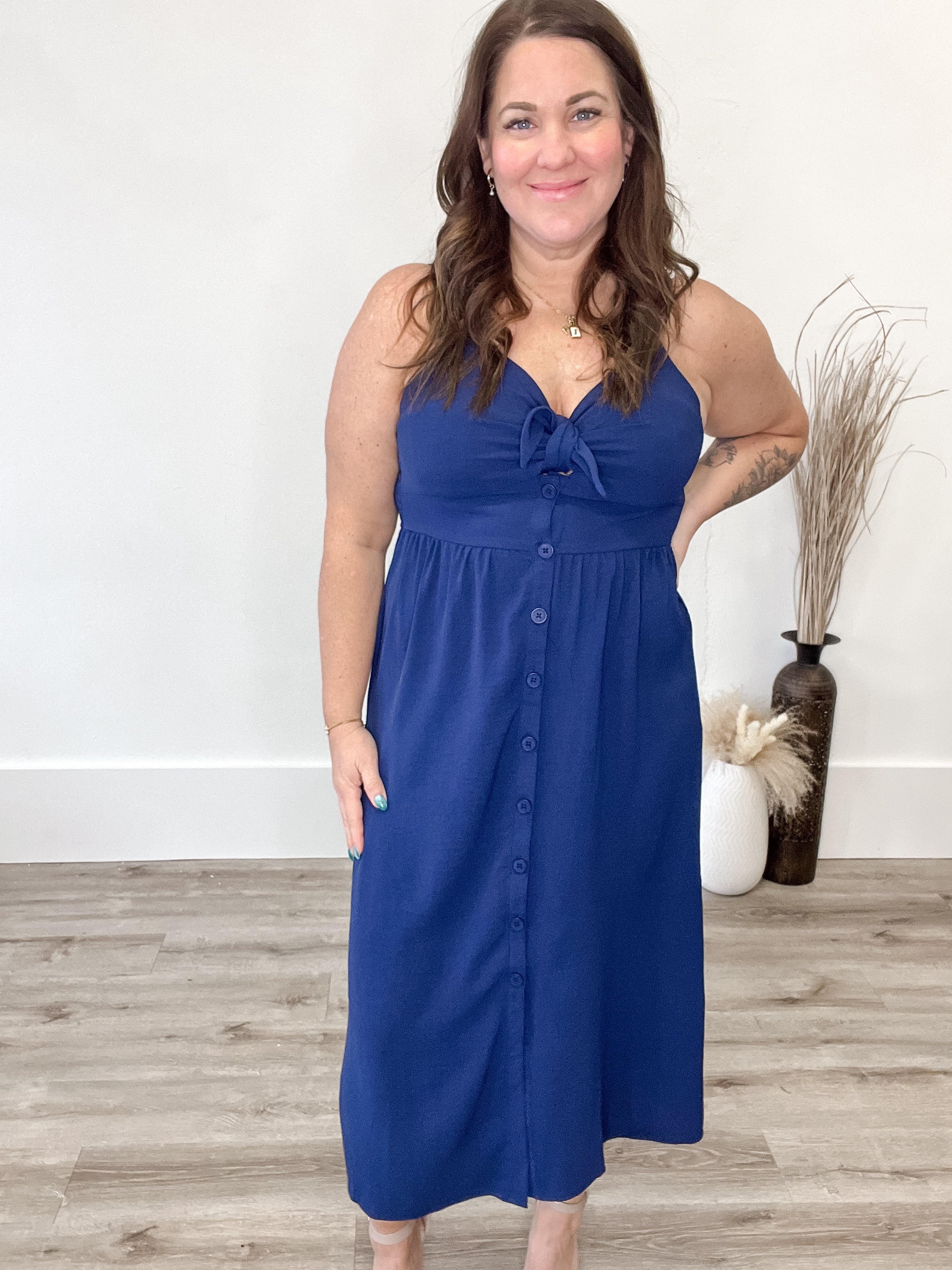 Front Tie Maxi Dress - Navy-dress- Hometown Style HTS, women's in store and online boutique located in Ingersoll, Ontario