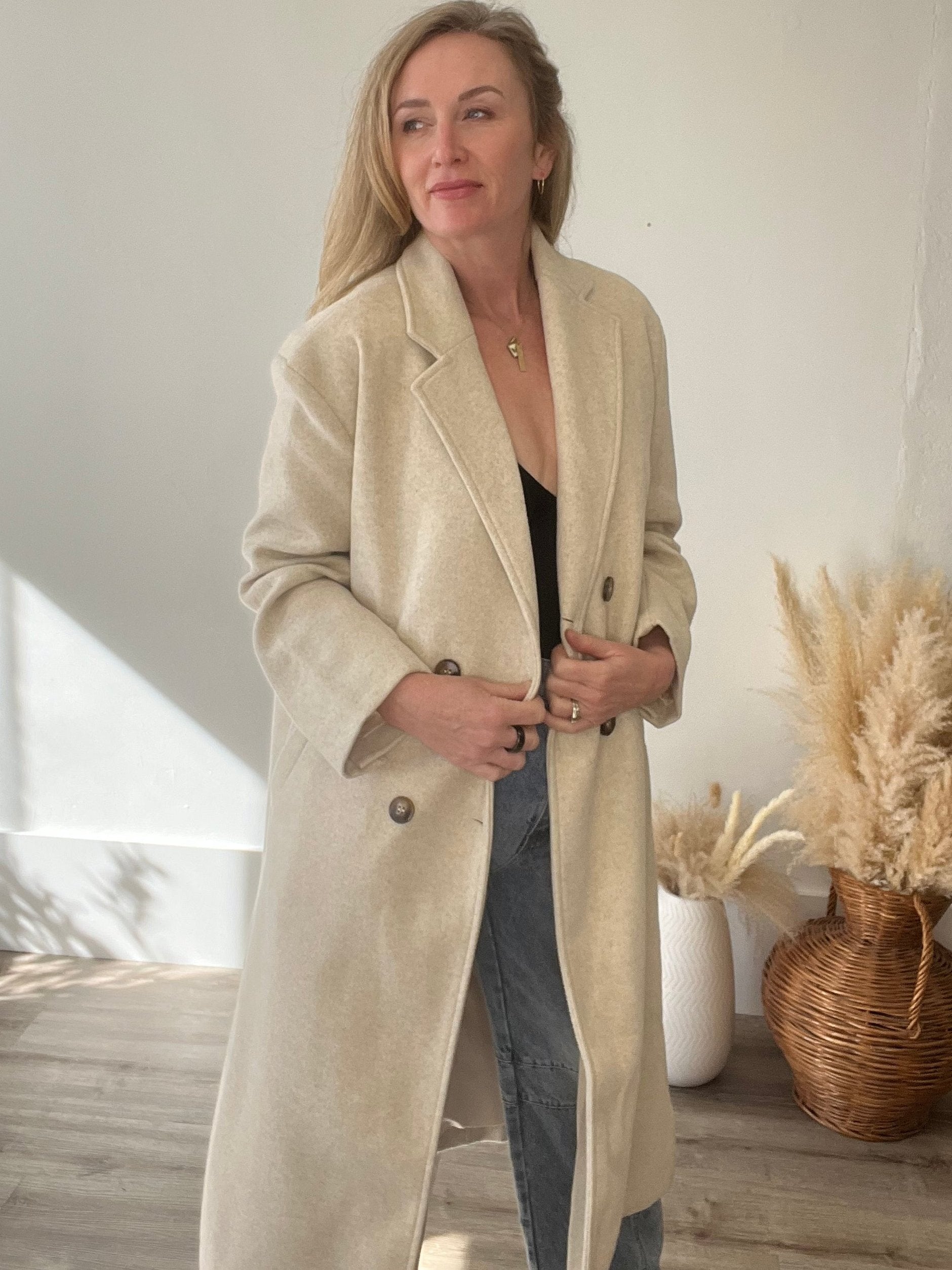 Double Breasted Lapel Duster Coat - Almond-Coats & Jackets- Hometown Style HTS, women's in store and online boutique located in Ingersoll, Ontario