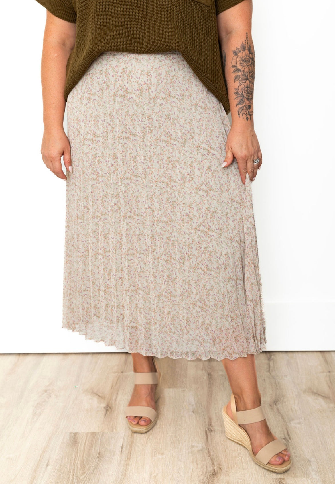 Floral Pleated Midi Skirt - Mint-Skirt- Hometown Style HTS, women's in store and online boutique located in Ingersoll, Ontario