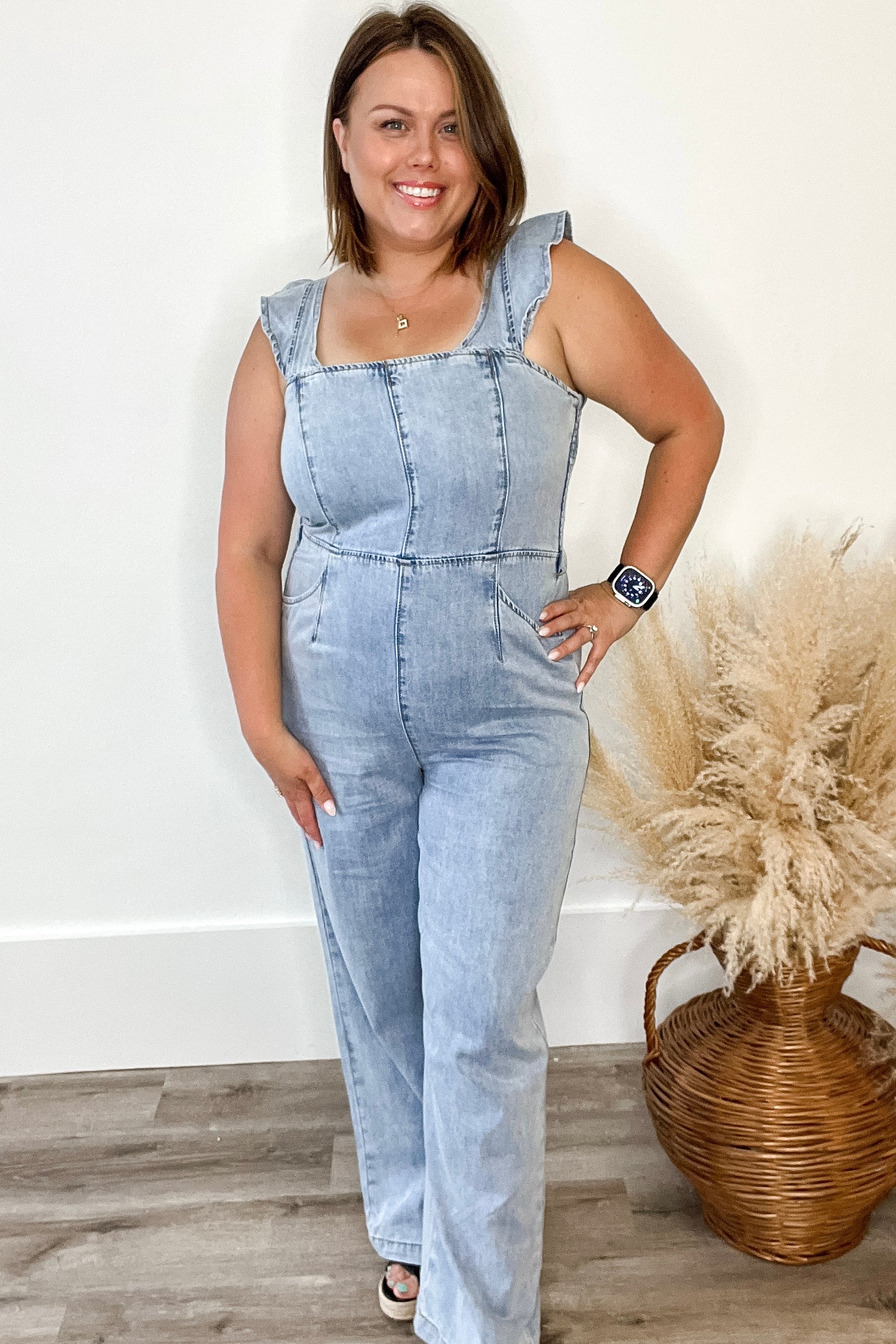 Ruffle Denim Jumpsuit-Jumpsuits & Rompers- Hometown Style HTS, women's in store and online boutique located in Ingersoll, Ontario