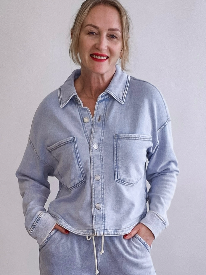 All Day Cropped Knit Jacket - Washed Indigo-Coats & Jackets- Hometown Style HTS, women's in store and online boutique located in Ingersoll, Ontario
