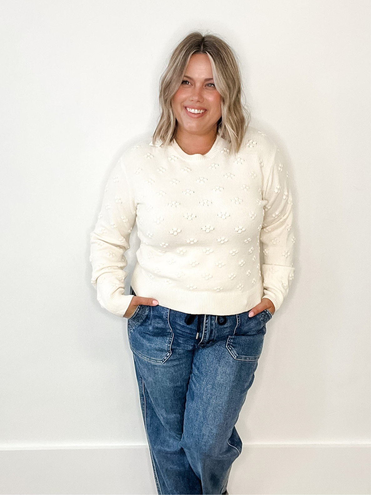 Pom Pom Knit Sweater - Off White-Sweaters and Cardigans- Hometown Style HTS, women's in store and online boutique located in Ingersoll, Ontario