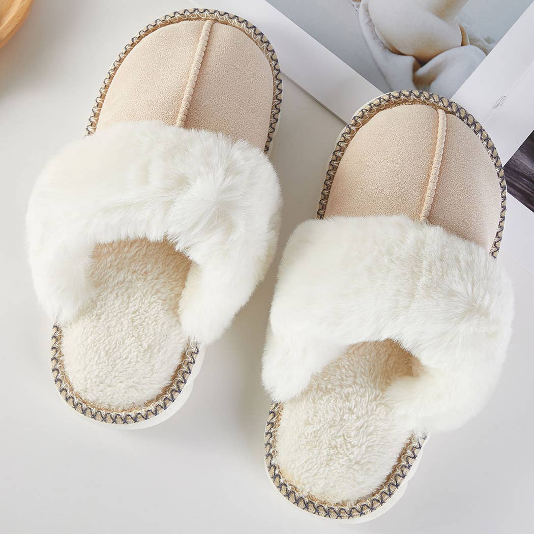 Fluffy Faux Fur Lined Indoor Slippers - Beige-gift- Hometown Style HTS, women's in store and online boutique located in Ingersoll, Ontario