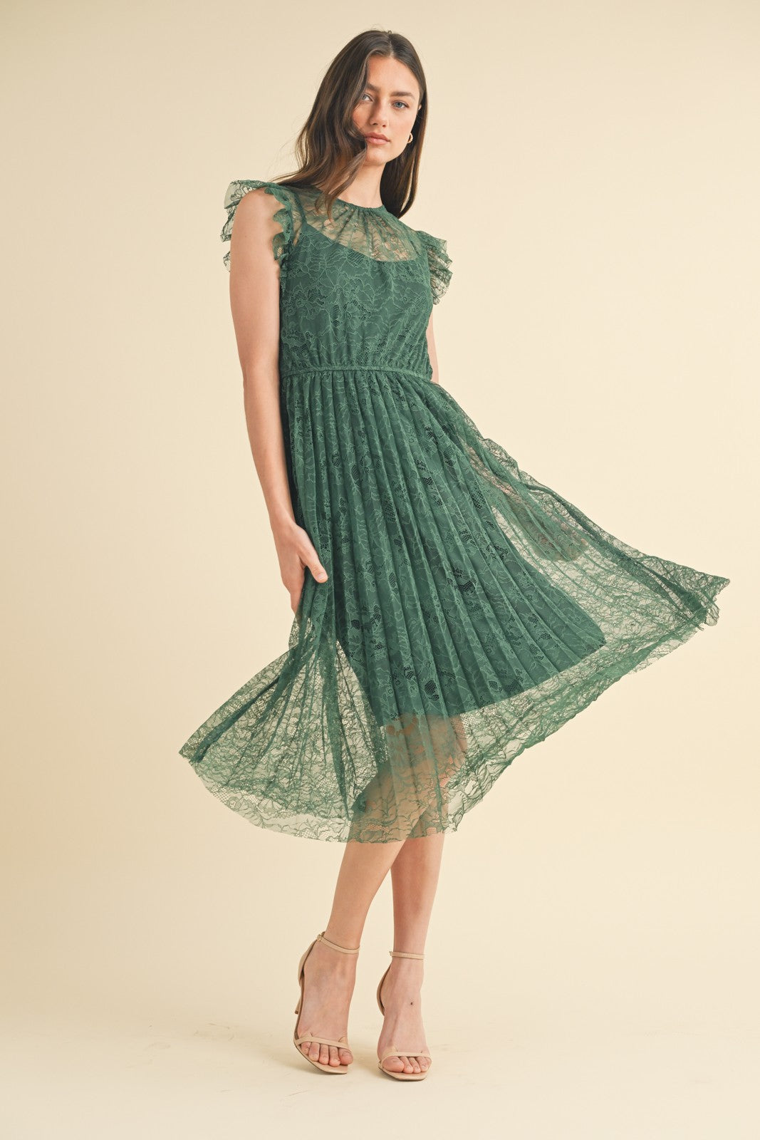 Floral Lace Pleated Midi Dress - Forest-dress- Hometown Style HTS, women's in store and online boutique located in Ingersoll, Ontario