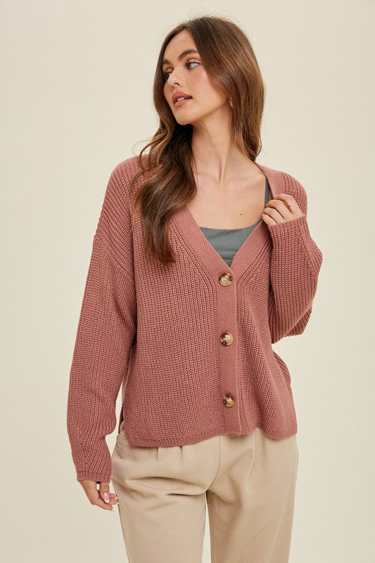 Chunky Cardi Sweater - Red Bean-Sweater- Hometown Style HTS, women's in store and online boutique located in Ingersoll, Ontario