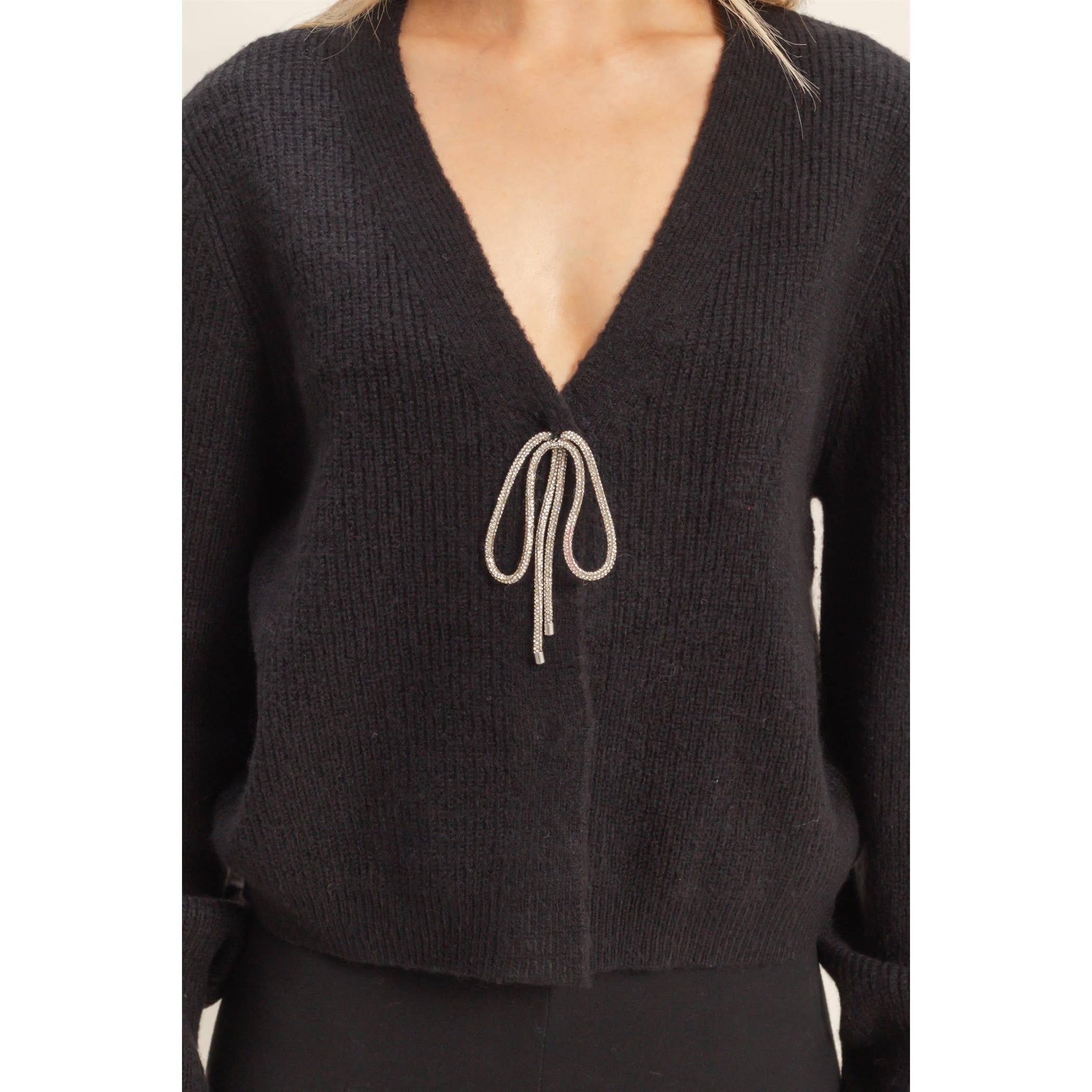 Sparkly Bow Cardigan - Black-cardigan- Hometown Style HTS, women's in store and online boutique located in Ingersoll, Ontario