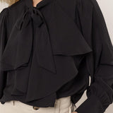 Tie Neck Ruffle Blouse - Black-blouse- Hometown Style HTS, women's in store and online boutique located in Ingersoll, Ontario