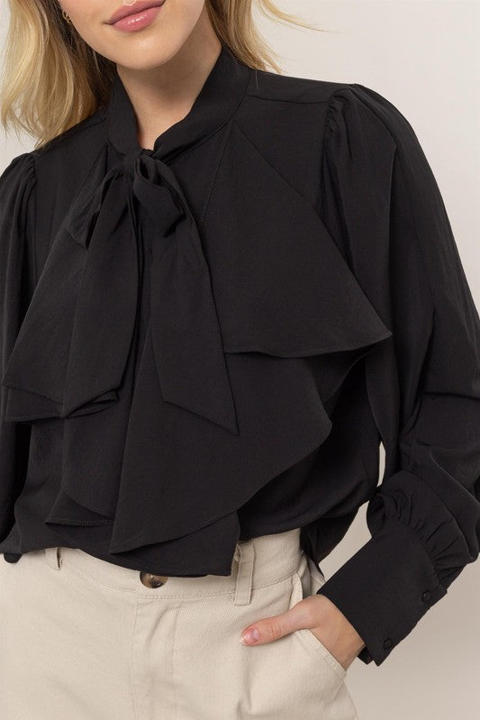 Tie Neck Ruffle Blouse - Black-blouse- Hometown Style HTS, women's in store and online boutique located in Ingersoll, Ontario