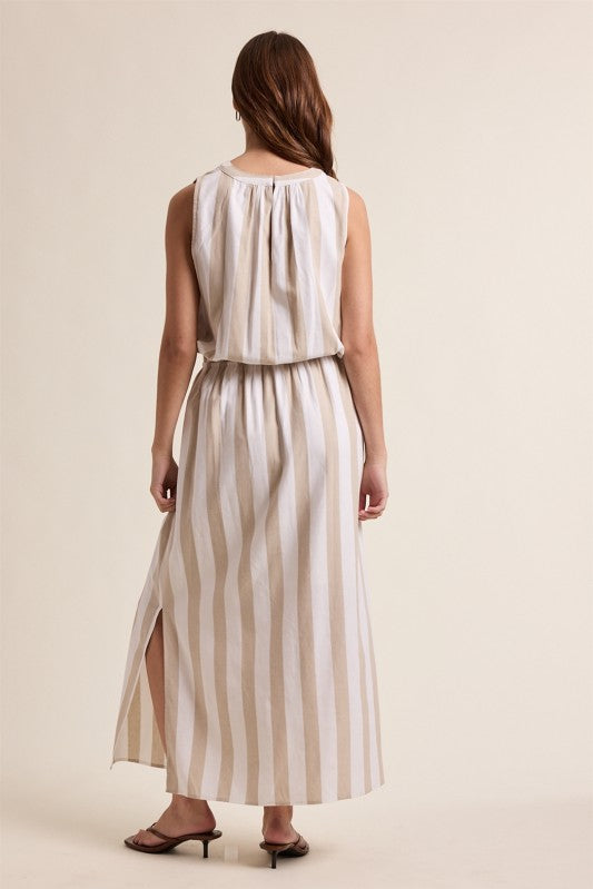 Striped Maxi Dress with Drawstring-Casual Dresses- Hometown Style HTS, women's in store and online boutique located in Ingersoll, Ontario