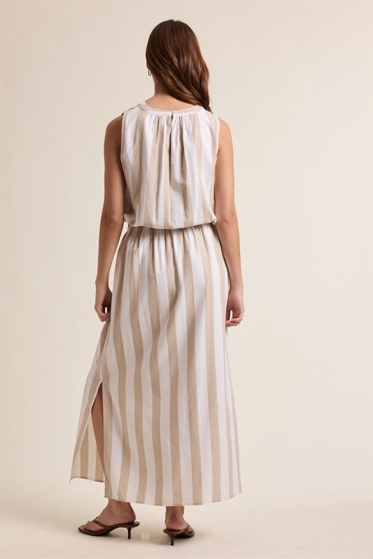 Striped Maxi Dress with Drawstring-Casual Dresses- Hometown Style HTS, women's in store and online boutique located in Ingersoll, Ontario