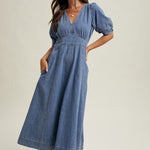 Denim Puff Sleeve Midi Dress-Casual Dresses- Hometown Style HTS, women's in store and online boutique located in Ingersoll, Ontario