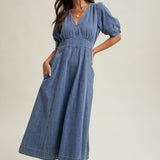 Denim Puff Sleeve Midi Dress-Casual Dresses- Hometown Style HTS, women's in store and online boutique located in Ingersoll, Ontario