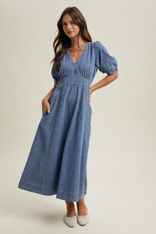Denim Puff Sleeve Midi Dress-Casual Dresses- Hometown Style HTS, women's in store and online boutique located in Ingersoll, Ontario