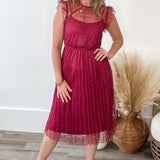 Floral Lace Pleated Midi Dress - Wine-dress- Hometown Style HTS, women's in store and online boutique located in Ingersoll, Ontario