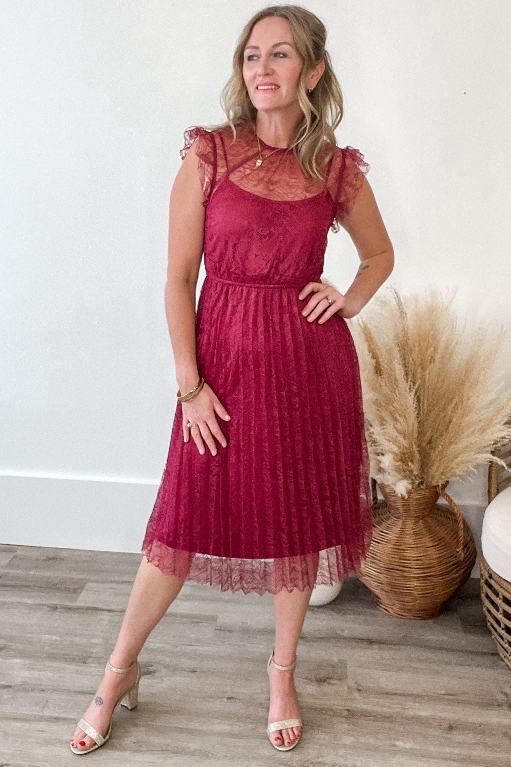 Floral Lace Pleated Midi Dress - Wine-dress- Hometown Style HTS, women's in store and online boutique located in Ingersoll, Ontario