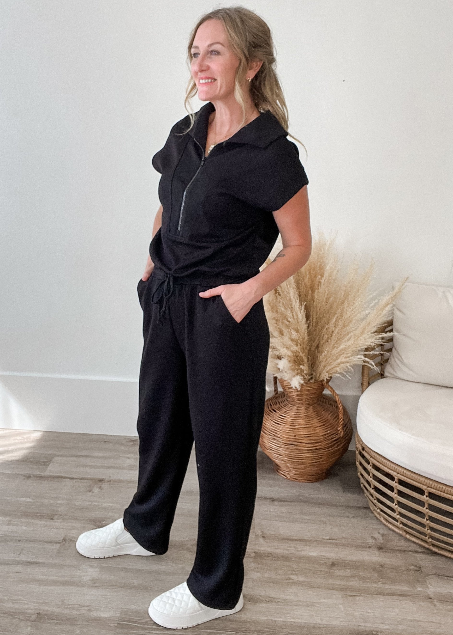 Scuba Half Zip Jumpsuit - Black-Jumpsuits & Rompers- Hometown Style HTS, women's in store and online boutique located in Ingersoll, Ontario