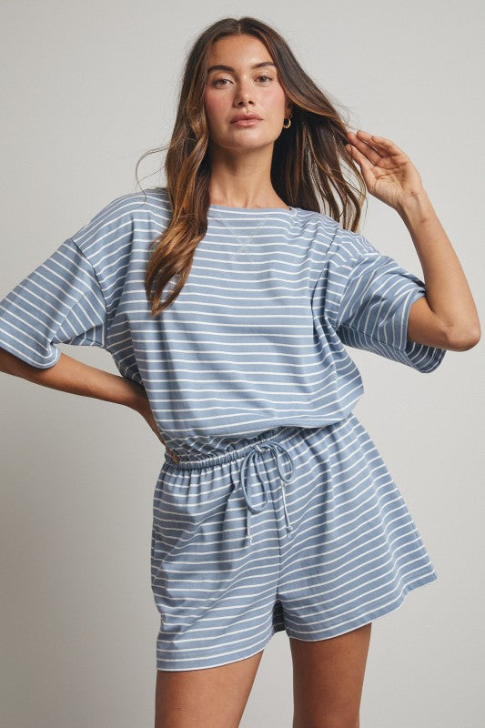 Striped Romper - Blue-Shorts- Hometown Style HTS, women's in store and online boutique located in Ingersoll, Ontario