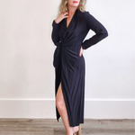 Long Sleeve Midi Wrap Dress - Black-dress- Hometown Style HTS, women's in store and online boutique located in Ingersoll, Ontario