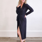 Long Sleeve Midi Wrap Dress - Black-dress- Hometown Style HTS, women's in store and online boutique located in Ingersoll, Ontario