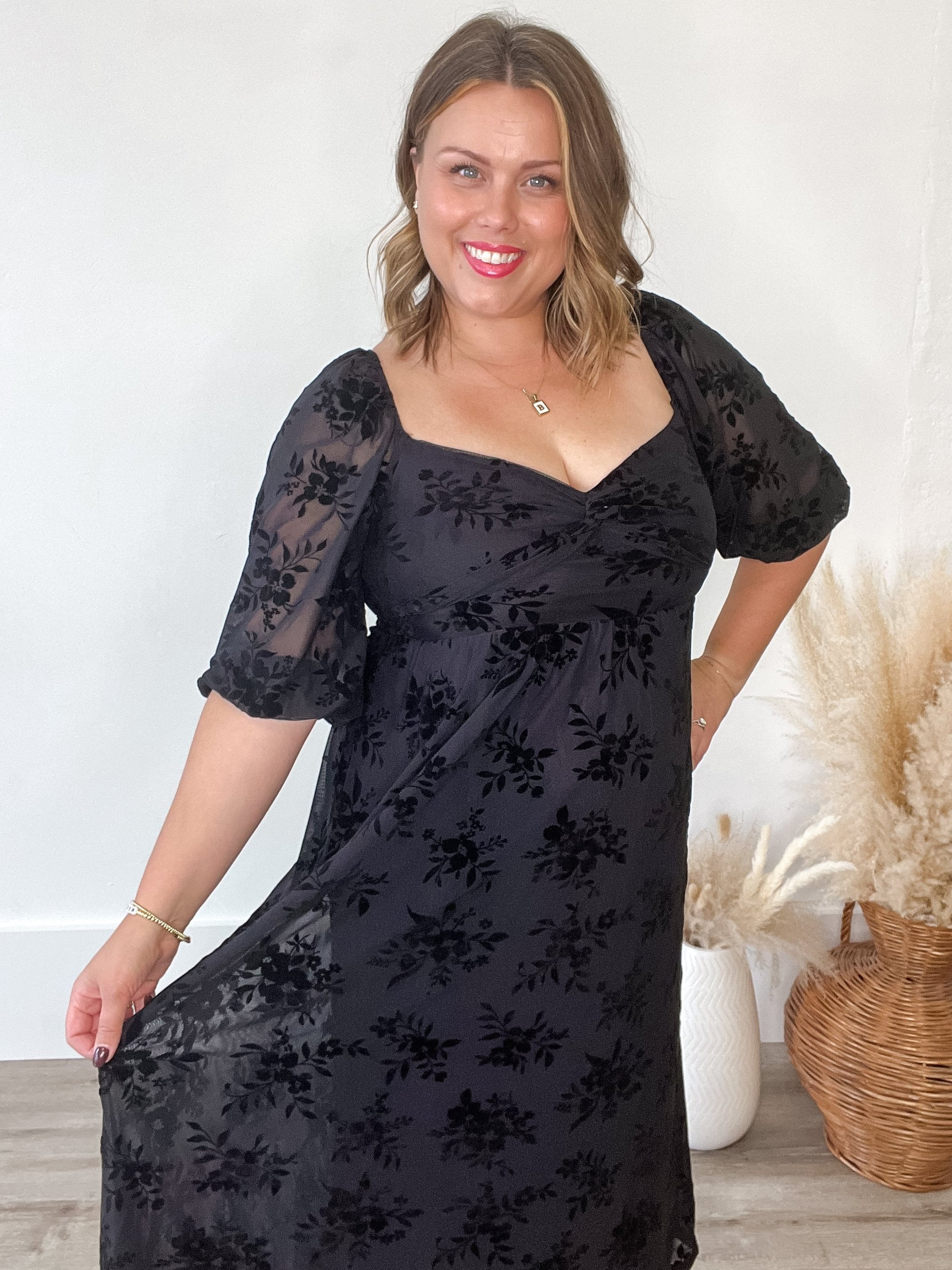 Velvet Floral Twist Front - Black-dress- Hometown Style HTS, women's in store and online boutique located in Ingersoll, Ontario