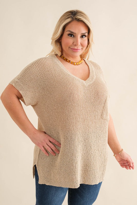 Light Knit, Short Sleeve Top - Oatmeal - EX-Sweater- Hometown Style HTS, women's in store and online boutique located in Ingersoll, Ontario