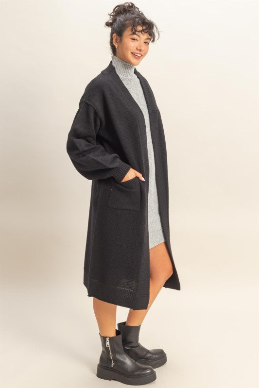 Longline Knit Open Cardigan - Black-Sweaters and Cardigans- Hometown Style HTS, women's in store and online boutique located in Ingersoll, Ontario