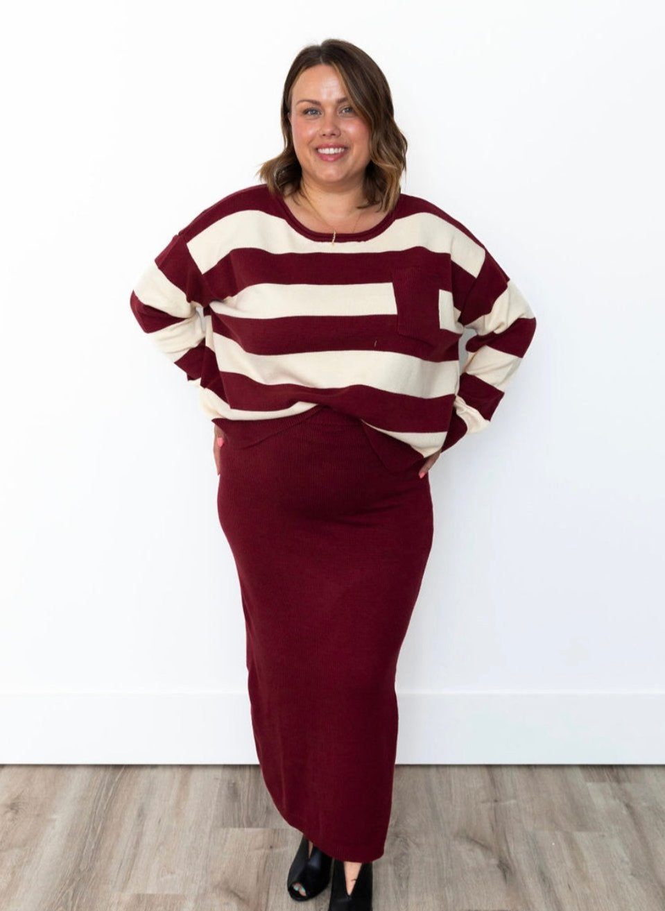 Striped Sweater & Knit Pencil Skirt - Burgundy-set- Hometown Style HTS, women's in store and online boutique located in Ingersoll, Ontario