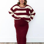 Striped Sweater & Knit Pencil Skirt - Burgundy-set- Hometown Style HTS, women's in store and online boutique located in Ingersoll, Ontario