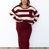 Striped Sweater & Knit Pencil Skirt - Burgundy-set- Hometown Style HTS, women's in store and online boutique located in Ingersoll, Ontario