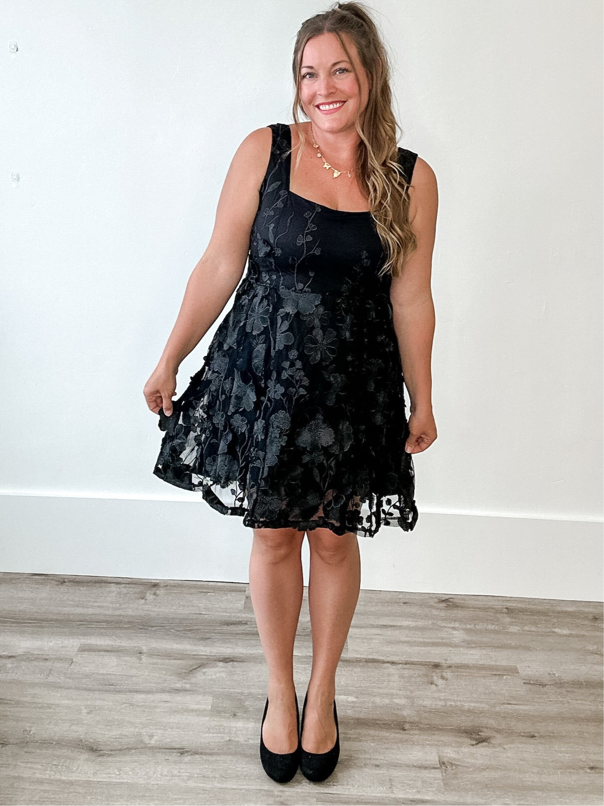 Square Neck 3D Floral Lace Mini Dress - Black-Special Occasion Dress- Hometown Style HTS, women's in store and online boutique located in Ingersoll, Ontario