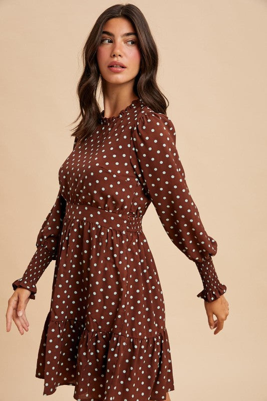 Polka Dot Ruffled Mini Dress - Brown-Special Occasion Dresses- Hometown Style HTS, women's in store and online boutique located in Ingersoll, Ontario