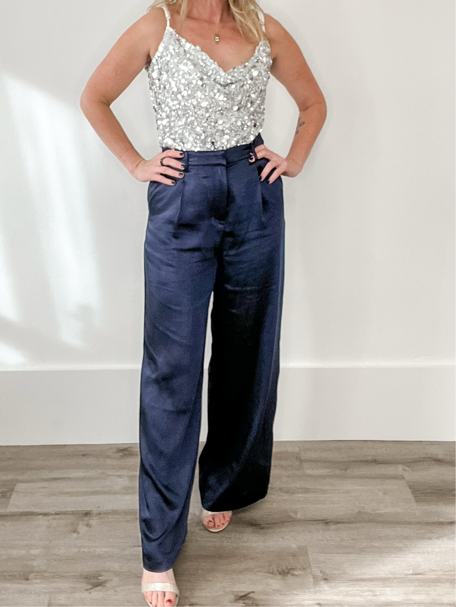 Satin Trousers - Navy-dress pants- Hometown Style HTS, women's in store and online boutique located in Ingersoll, Ontario