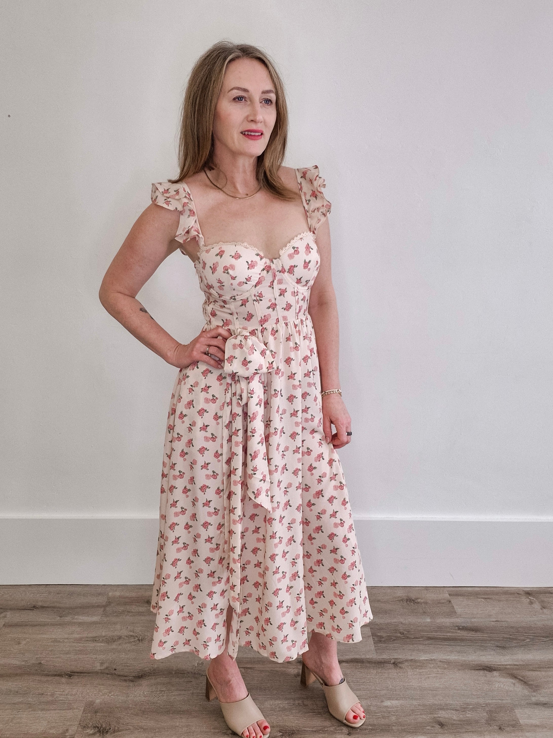 Floral Print Sweetheart Midi Dress with Bow-Special Occasion Dresses- Hometown Style HTS, women's in store and online boutique located in Ingersoll, Ontario