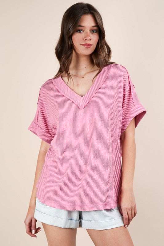 Casual Ribbed Knit Tee - Pink-tee- Hometown Style HTS, women's in store and online boutique located in Ingersoll, Ontario