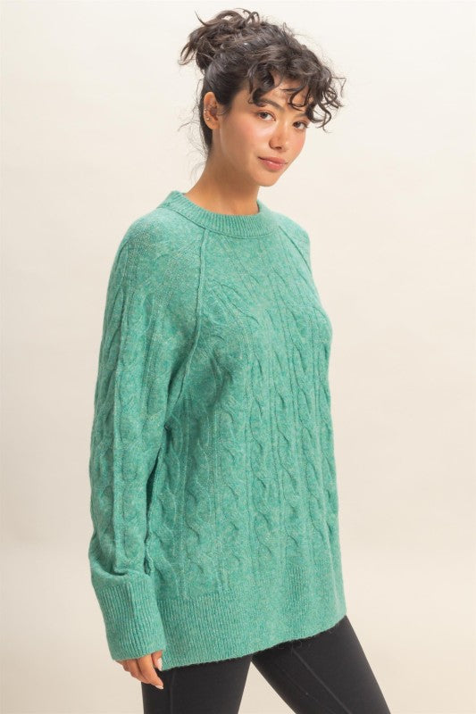 Cable Knit Sweater - Emerald-Sweaters and Cardigans- Hometown Style HTS, women's in store and online boutique located in Ingersoll, Ontario