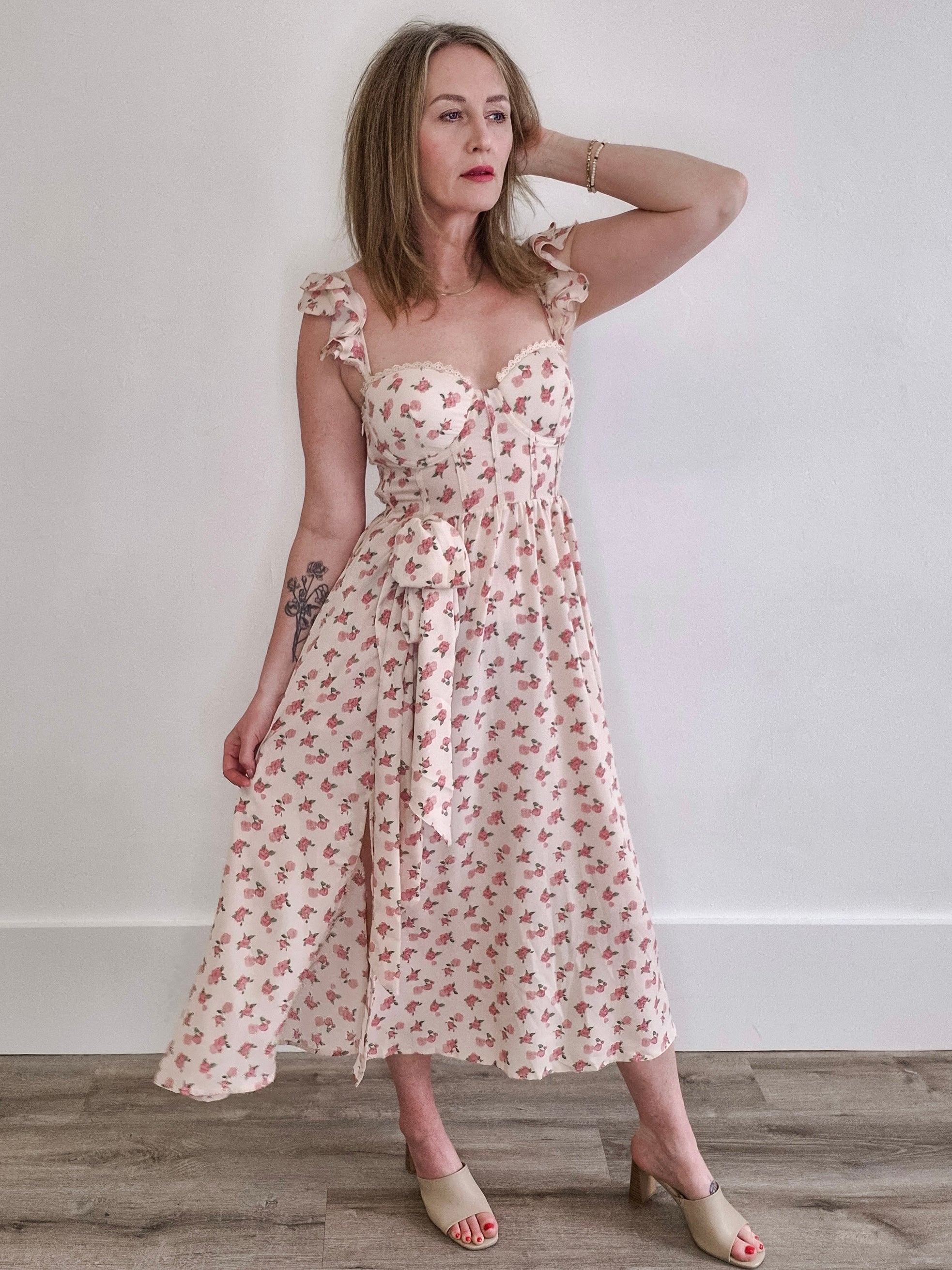 Floral Print Sweetheart Midi Dress with Bow-Special Occasion Dresses- Hometown Style HTS, women's in store and online boutique located in Ingersoll, Ontario