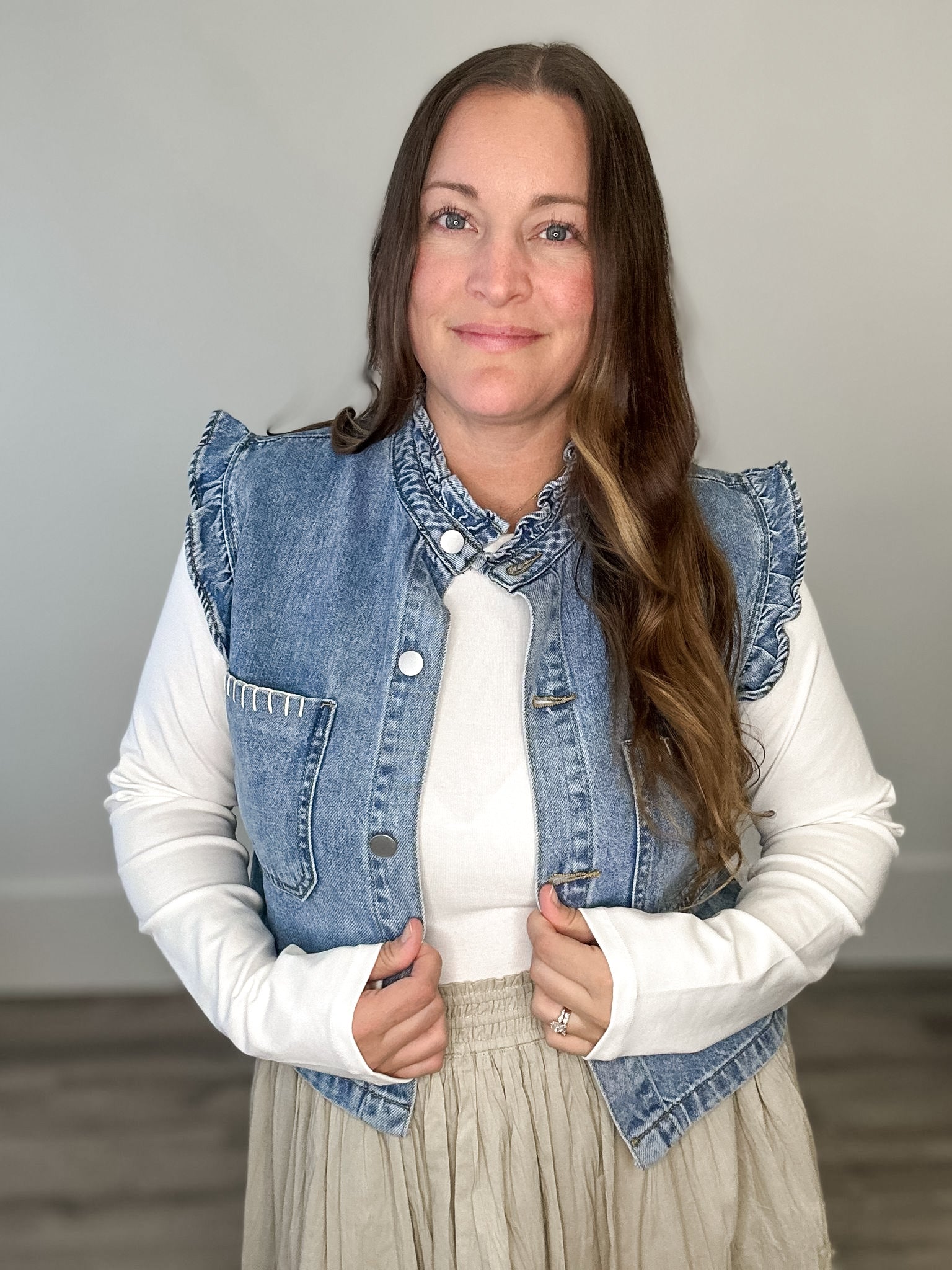 Ruffled Denim Vest-vest- Hometown Style HTS, women's in store and online boutique located in Ingersoll, Ontario