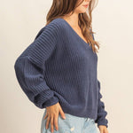 Oversized V Neck Knit Sweater - Midnight Blue-sweater- Hometown Style HTS, women's in store and online boutique located in Ingersoll, Ontario