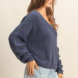 Oversized V Neck Knit Sweater - Midnight Blue-sweater- Hometown Style HTS, women's in store and online boutique located in Ingersoll, Ontario