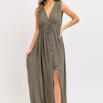 Deep V Neckline Maxi Dress - Olive-dress- Hometown Style HTS, women's in store and online boutique located in Ingersoll, Ontario