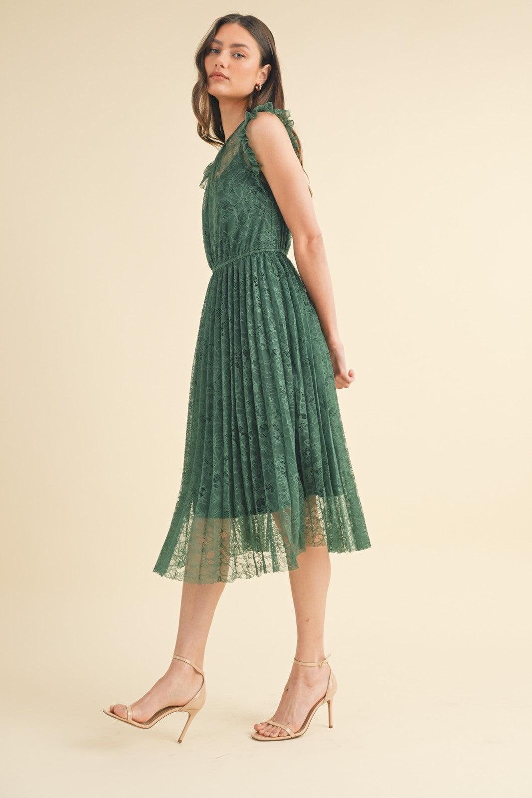 Floral Lace Pleated Midi Dress - Forest-dress- Hometown Style HTS, women's in store and online boutique located in Ingersoll, Ontario