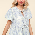 Front Ribbon Tie Blouse - Blue Floral-tops- Hometown Style HTS, women's in store and online boutique located in Ingersoll, Ontario