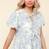 Front Ribbon Tie Blouse - Blue Floral-tops- Hometown Style HTS, women's in store and online boutique located in Ingersoll, Ontario