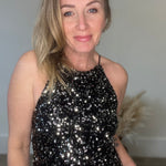 Sequin Halter Dress - Black-dress- Hometown Style HTS, women's in store and online boutique located in Ingersoll, Ontario