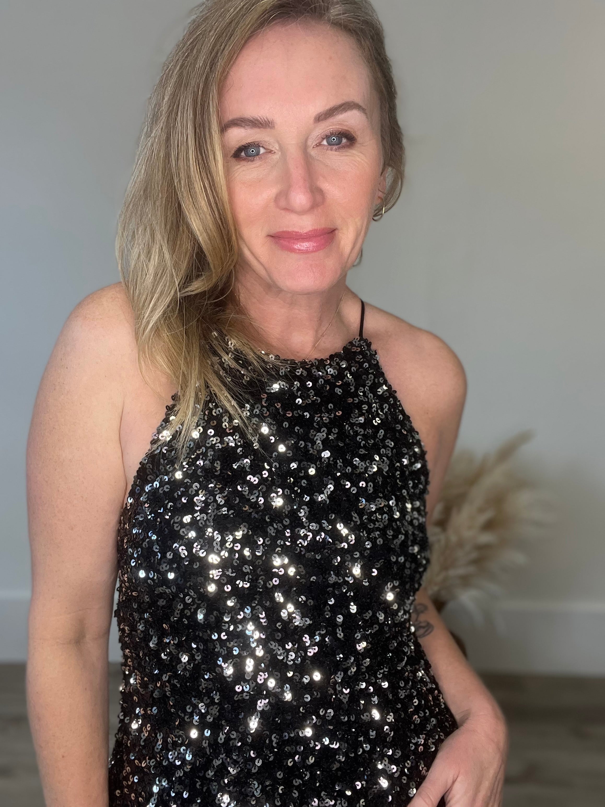 Sequin Halter Dress - Black-dress- Hometown Style HTS, women's in store and online boutique located in Ingersoll, Ontario