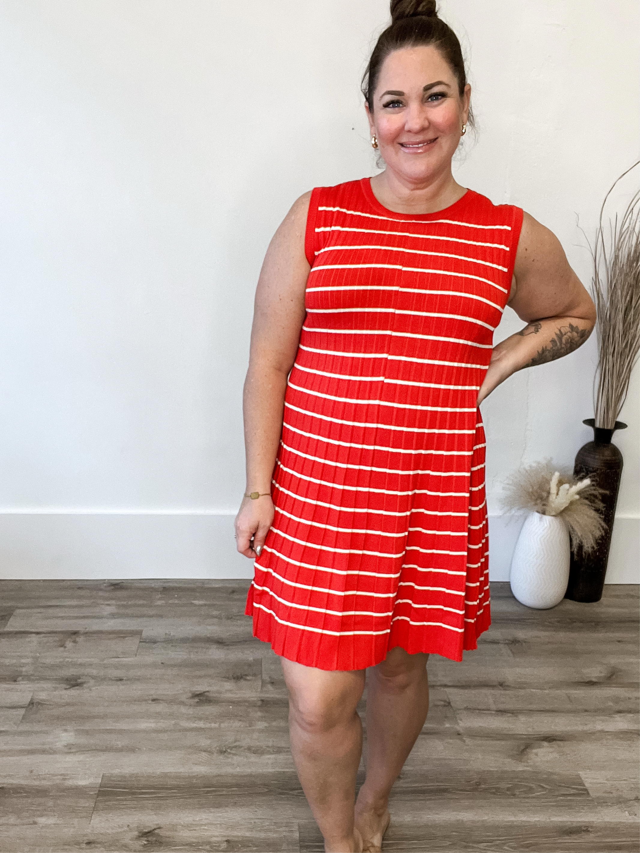 Pleated Flared Mini Sweater Dress - Poppy/Ecru- Hometown Style HTS, women's in store and online boutique located in Ingersoll, Ontario