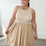 Striped Mini Sweater Tank Dress - Taupe/White-dress- Hometown Style HTS, women's in store and online boutique located in Ingersoll, Ontario