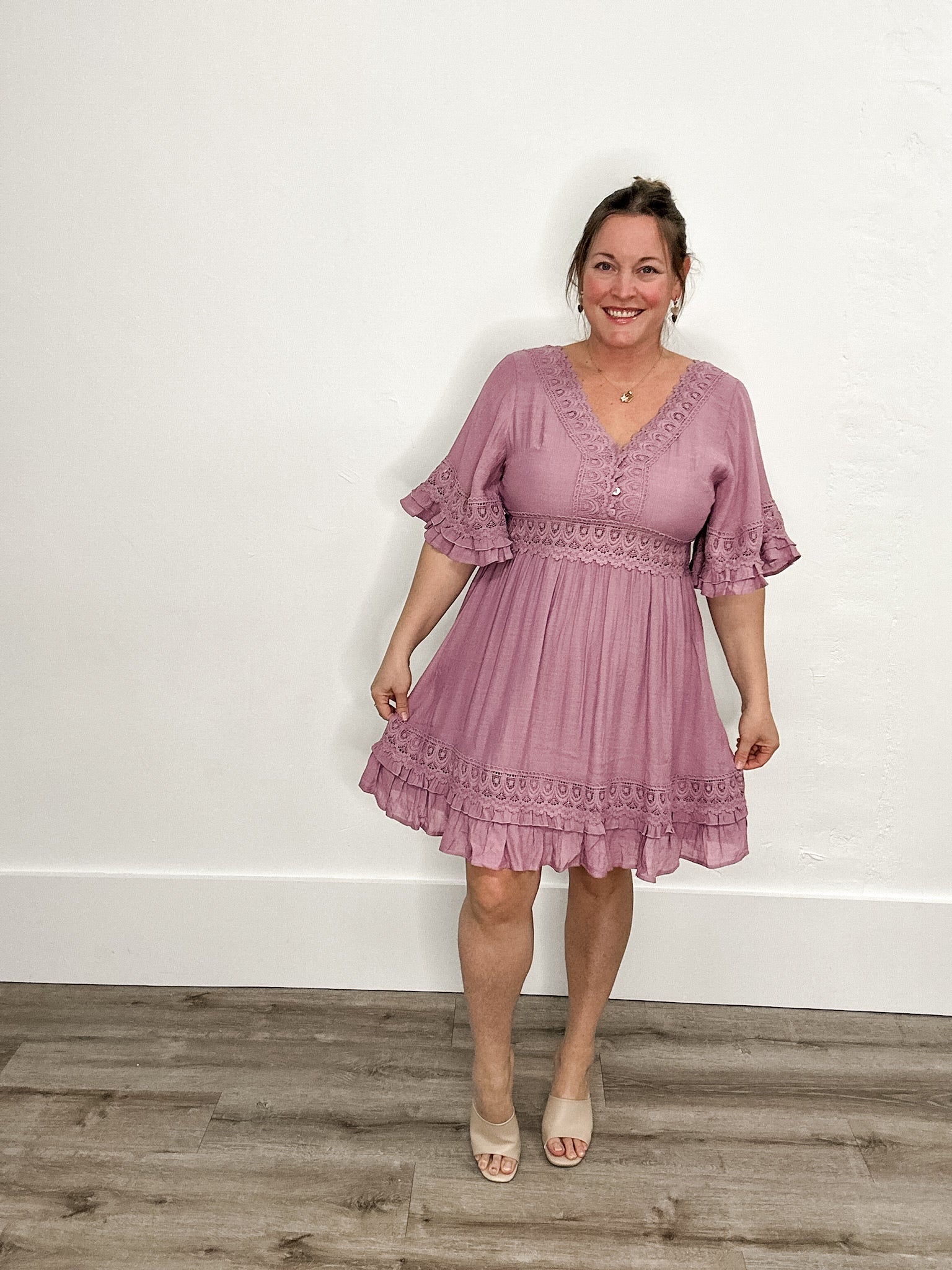 V-Neck Lace Dress Open Back - Rose-Casual Dresses- Hometown Style HTS, women's in store and online boutique located in Ingersoll, Ontario